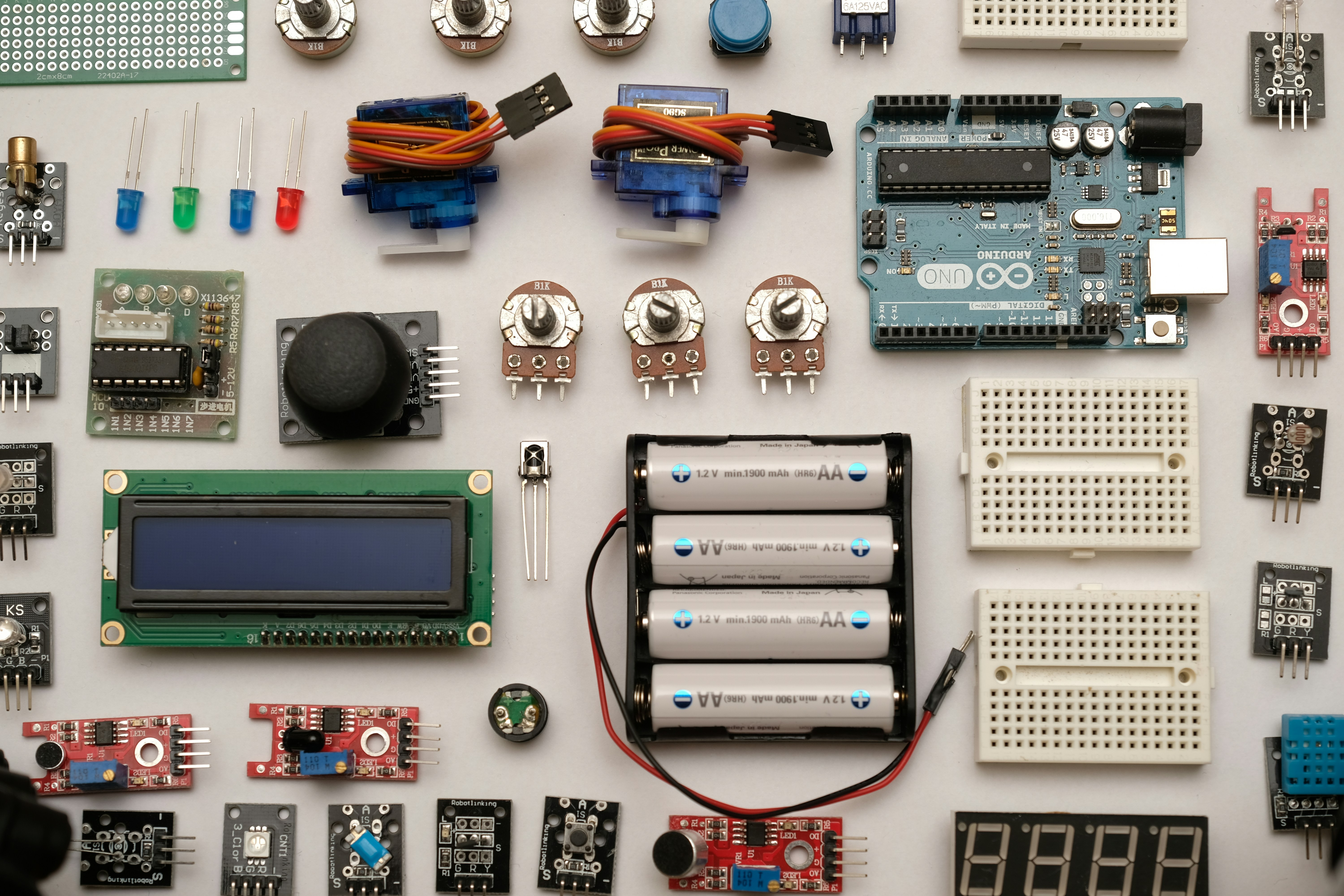 Electronics components laid out on a table